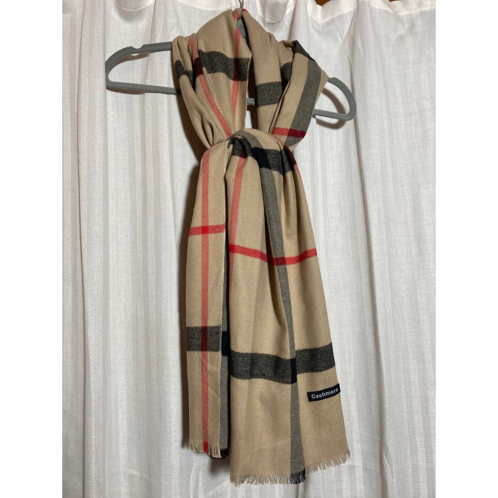 Cashmere Plaid Scarf Tan Black Red Check Oversized Fringe Wrap 74x24.5 Preppy